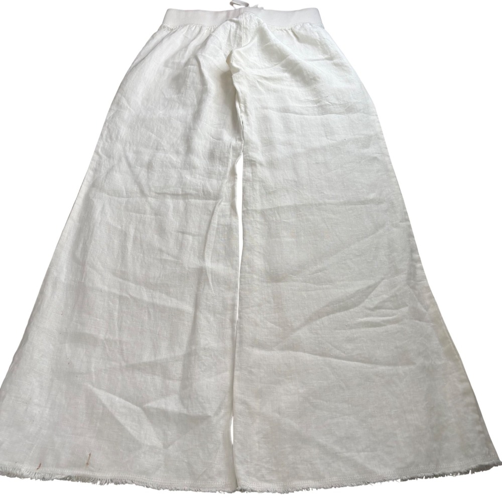 Elan White 100% Linen Wide Leg Pants Raw Fringe Hem Resort EBW-LL283 Small NWT - Picture 2 of 11